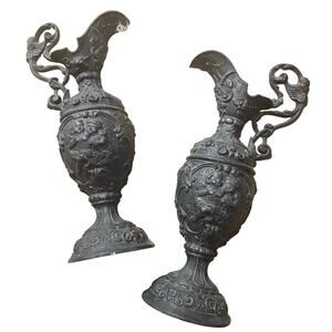 Pair of Antique Victorian Decorative Cast Spelter Metal Urns Ewers Putti Motif